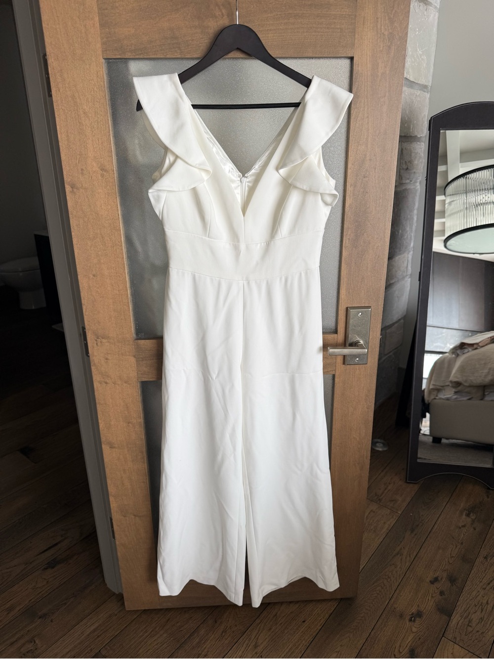 White Ruffle V-Neck Wide-Leg Jumpsuit